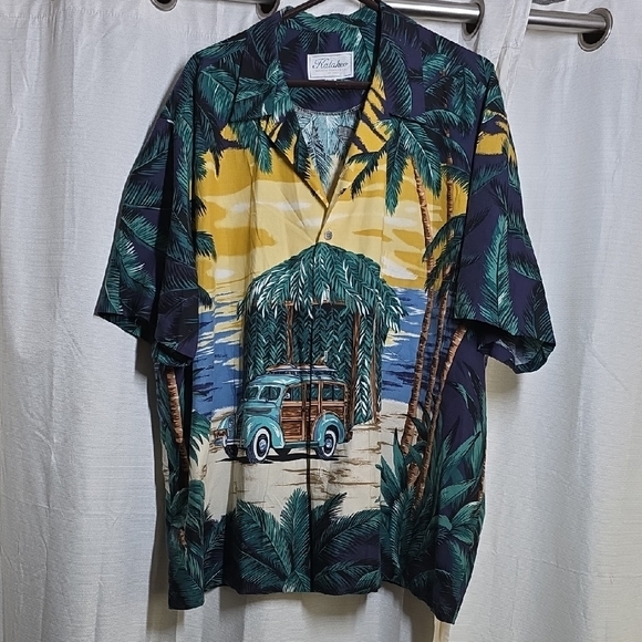 Kalaheo Other - Kalaheo Made In Hawaii Tropical Car Print Shirt - Green, Blue, Yellow